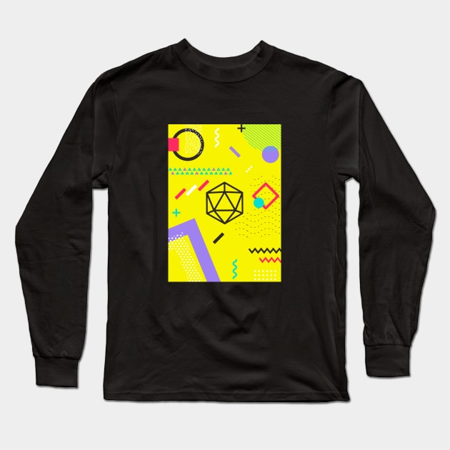 Retro Memphis Yellow Polyhedral 20 Sided Dice Tabletop RPG Long Sleeve T-Shirt by dungeonarmory